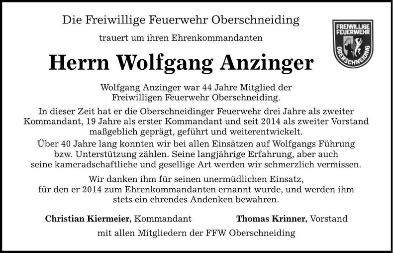 Traueranzeige Wolfgang Anzinger