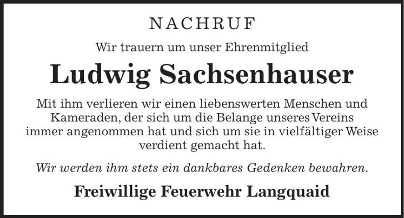 Traueranzeige Ludwig Sachsenhauser Ludwig