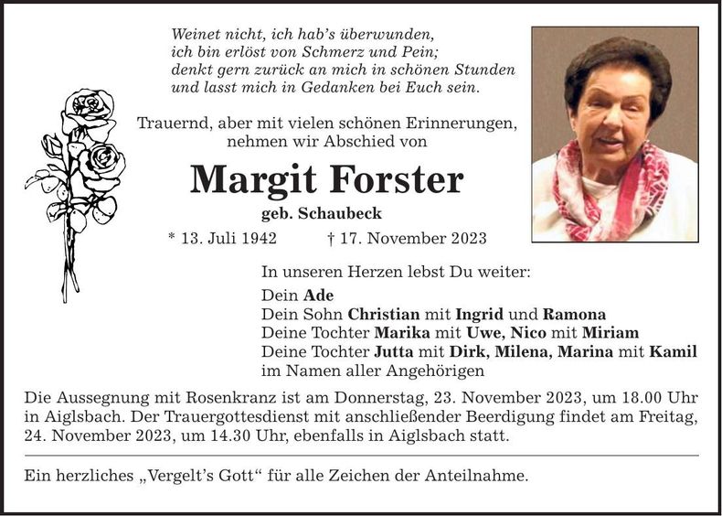 Traueranzeige Margit Forster
