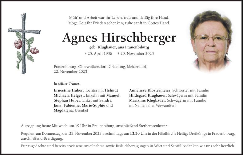 Traueranzeige Agnes Hirschberger