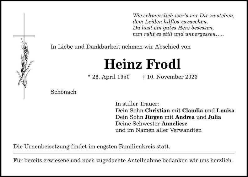 Traueranzeige Heinz Frodl