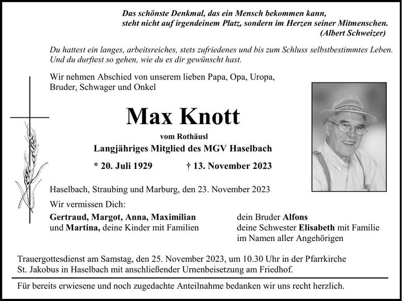 Traueranzeige Max Knott