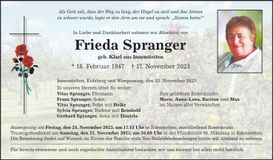 Traueranzeige Frieda Spranger