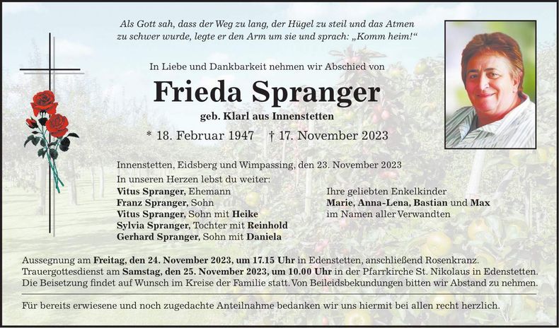 Traueranzeige Frieda Spranger