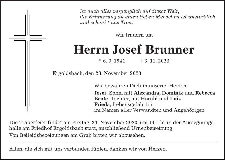 Traueranzeige Josef Brunner