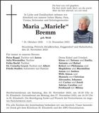 Traueranzeige Maria "Mariele" Bremm