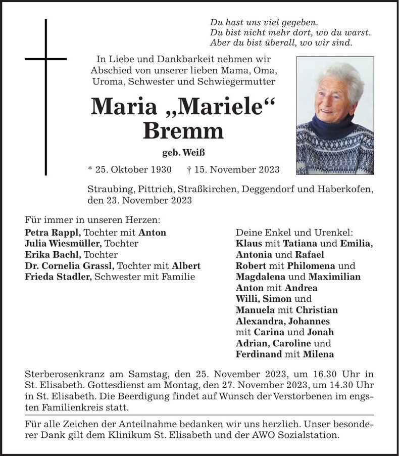 Traueranzeige Maria "Mariele" Bremm