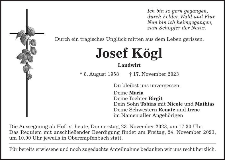 Traueranzeige Josef Kögl