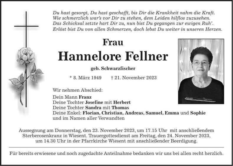Traueranzeige Hannelore Fellner