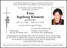 Traueranzeige Ingeborg Klement