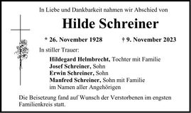 Traueranzeige Hilde Schreiner