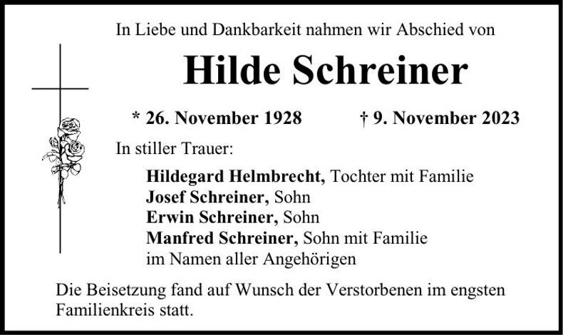Traueranzeige Hilde Schreiner