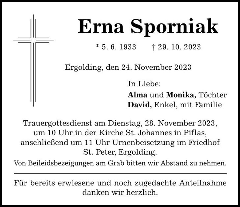 Traueranzeige Erna Sporniak