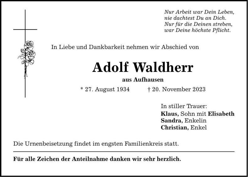 Traueranzeige Adolf Waldherr