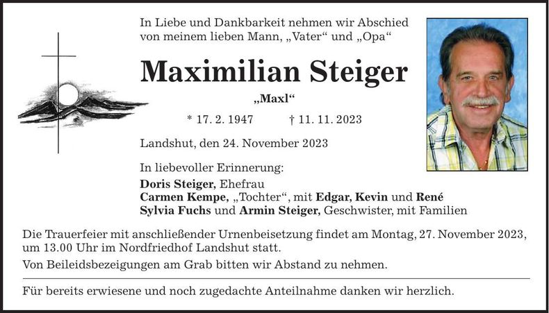 Traueranzeige Maximilian Steiger