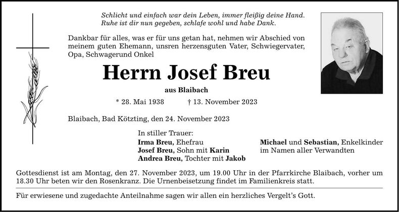 Traueranzeige Josef Breu