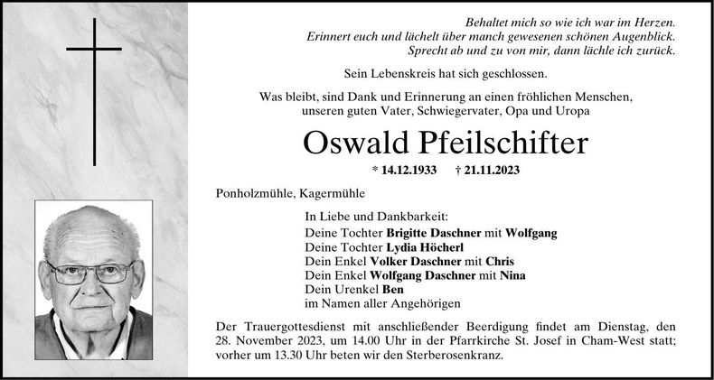 Traueranzeige Oswald Pfeilschifter