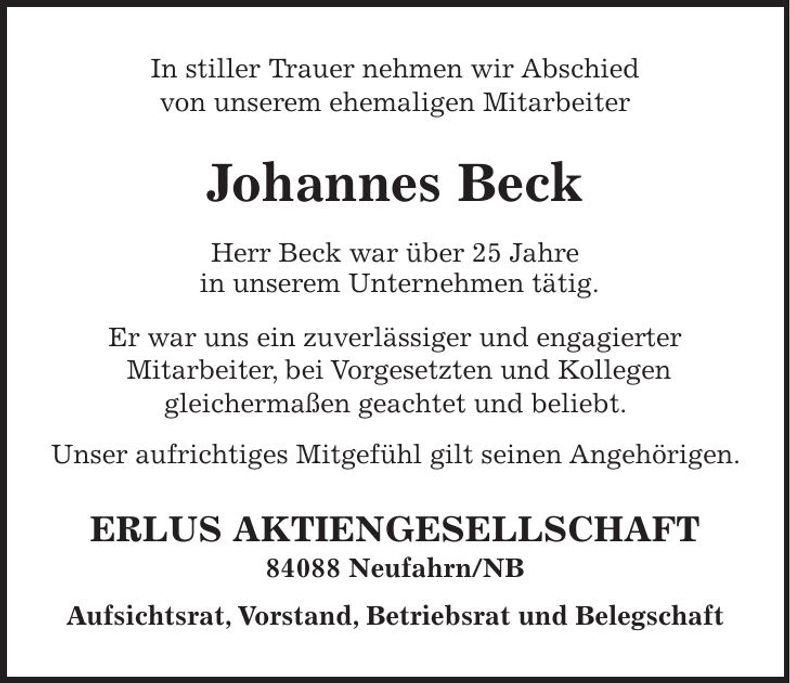 Traueranzeige Johannes Beck