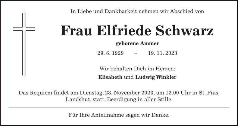 Traueranzeige Elfriede Schwarz