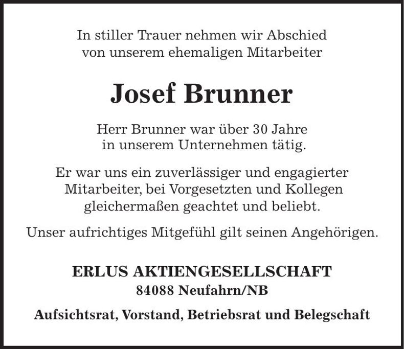 Traueranzeige Johannes Brunner