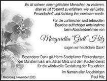 Traueranzeige Margaretha Hilz