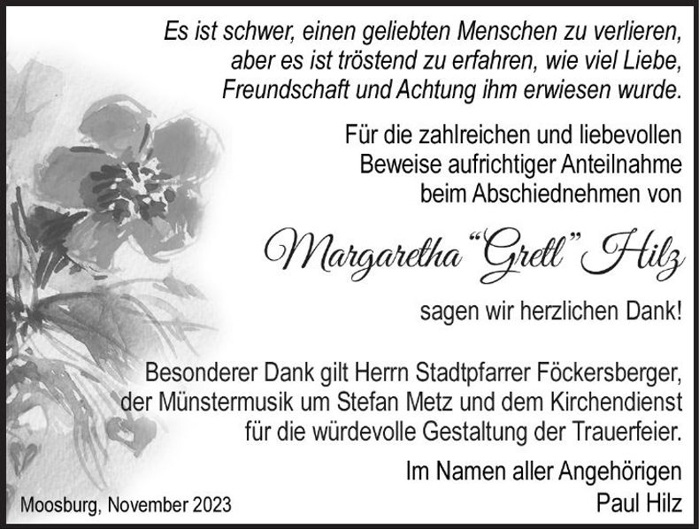 Traueranzeige Margaretha Hilz