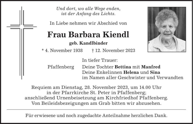 Traueranzeige Barbara Kiendl