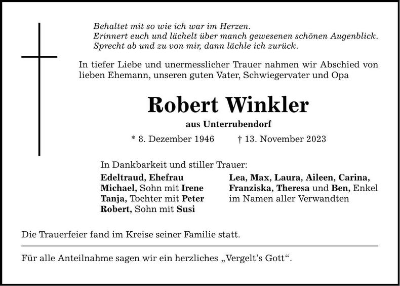 Traueranzeige Robert Winkler
