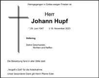 Traueranzeige Johann Hupf