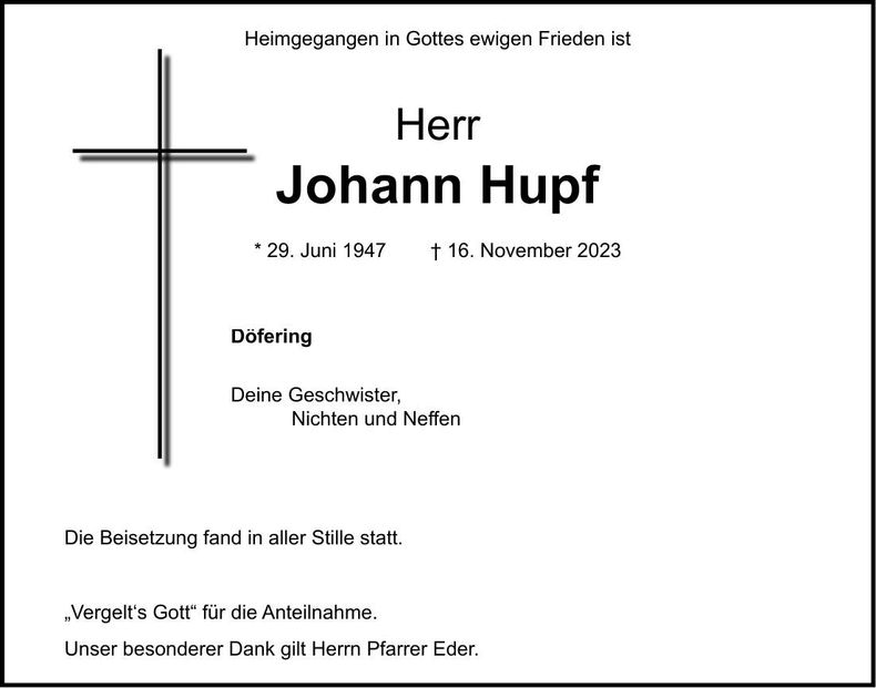 Traueranzeige Johann Hupf
