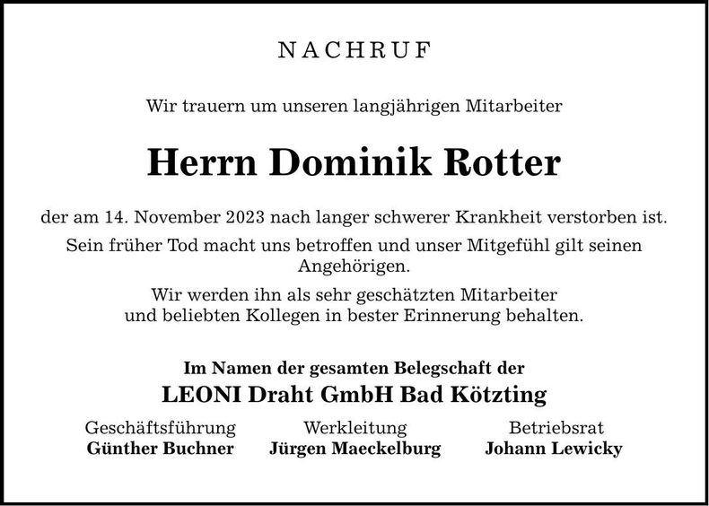 Traueranzeige Dominik Rotter