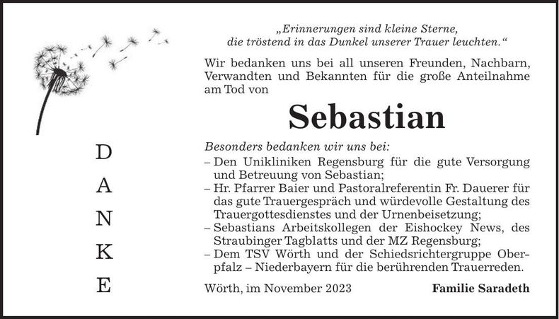 Traueranzeige Sebastian Saradeth