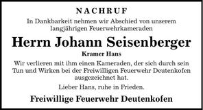 Traueranzeige Johann Seisenberger