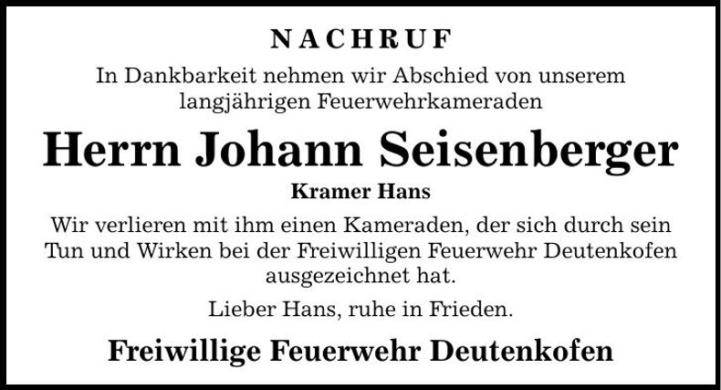 Traueranzeige Johann Seisenberger