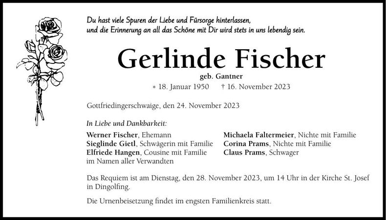 Traueranzeige Gerlinde Fischer