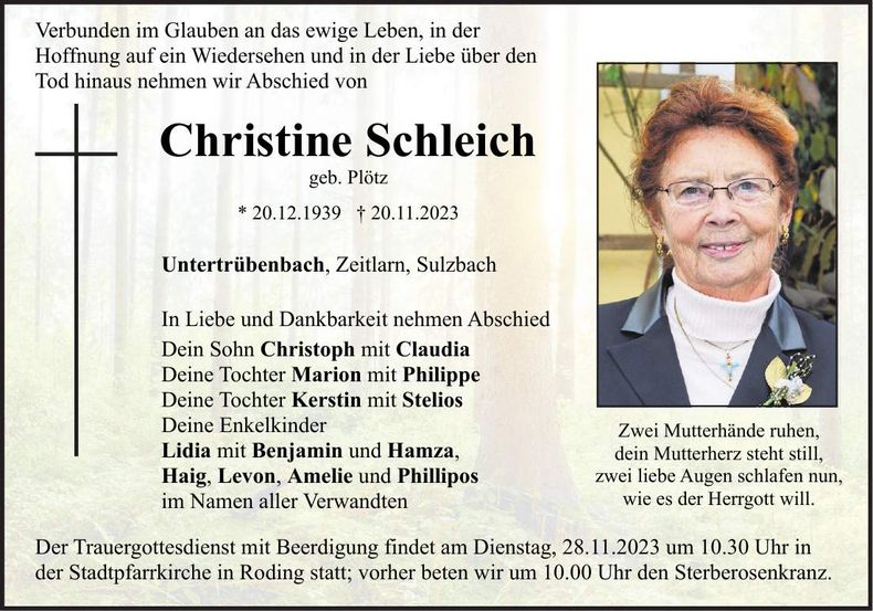 Traueranzeige Christine Schleich