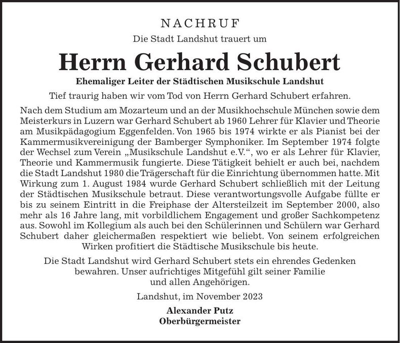 Traueranzeige Gerhard Schubert