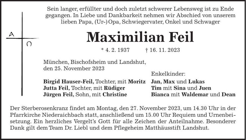 Traueranzeige Maximilian Feil