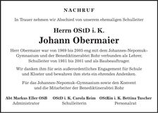 Traueranzeige Johann OStD Obermaier