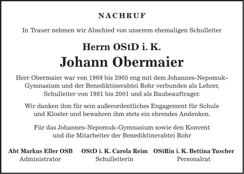 Traueranzeige Johann OStD Obermaier