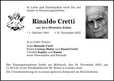 Traueranzeige Rinaldo Cretti