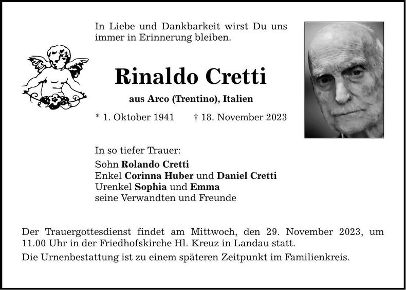 Traueranzeige Rinaldo Cretti