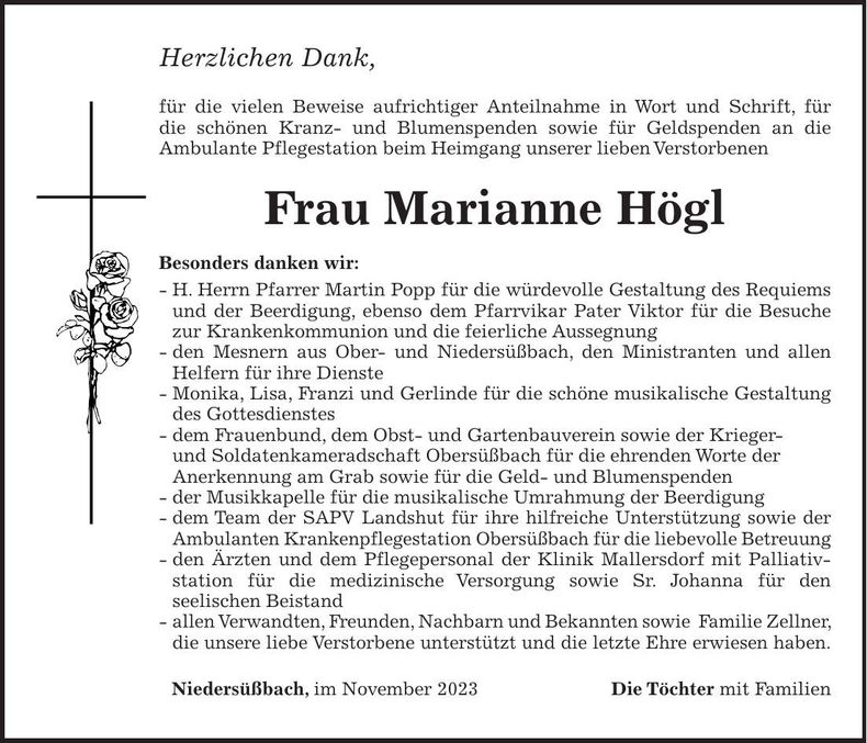 Traueranzeige Marianne Högl