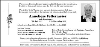 Traueranzeige Anneliese Fellermeier