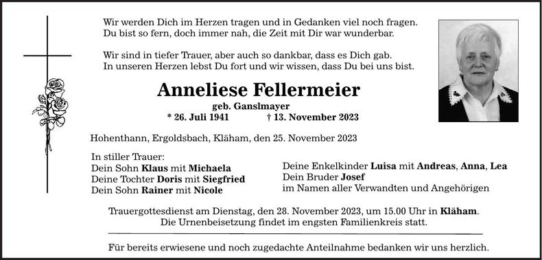Traueranzeige Anneliese Fellermeier