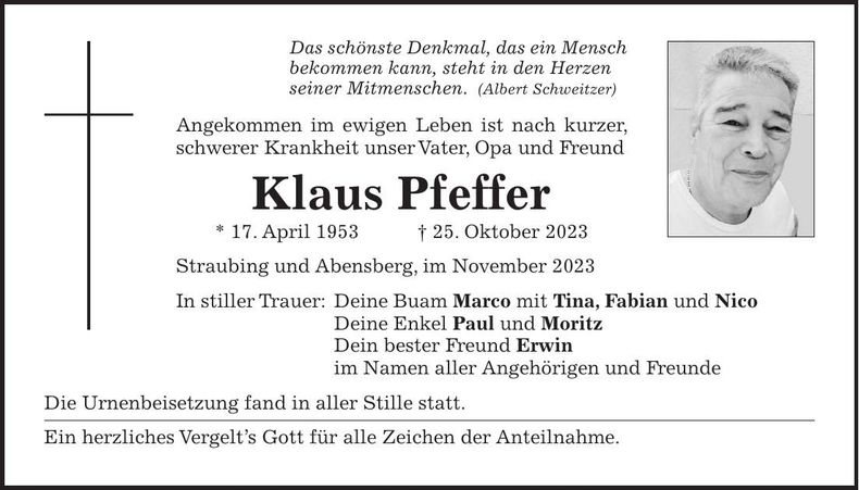 Traueranzeige Pfeffer Klaus