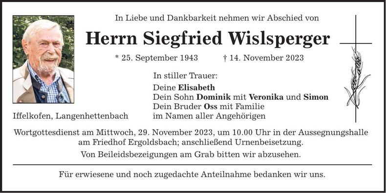 Traueranzeige Siegfried Wislsperger