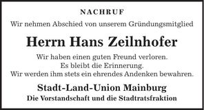 Traueranzeige Hans Zeilnhofer