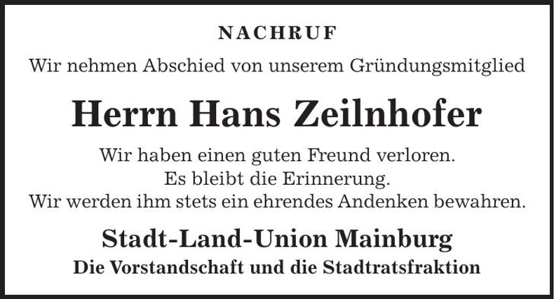 Traueranzeige Hans Zeilnhofer