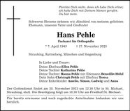 Traueranzeige Hans Pehle